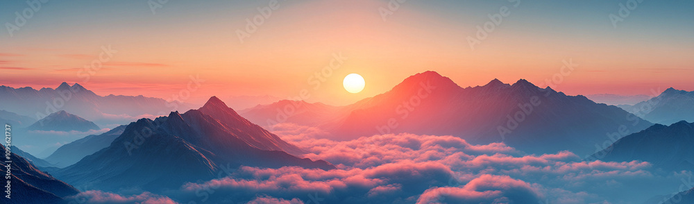 Fototapeta premium picturesque landscape at dawn with sun rising behind majestic mountains, casting warm glow over clouds. serene beauty evokes sense of tranquility and wonder