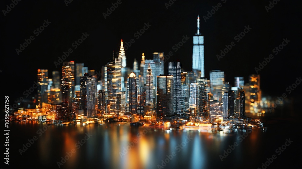 Fototapeta premium Night cityscape with skyscrapers and reflections.