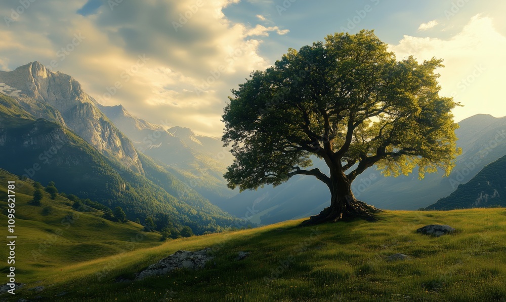 Majestic tree in serene mountain landscape, lush green grass, dramatic sky, sunlight filtering through leaves, peaceful nature scene Majestic tree in serene mountain landscape, lush green grass, dramatic sky, sunlight filtering through leaves, peaceful nature scene