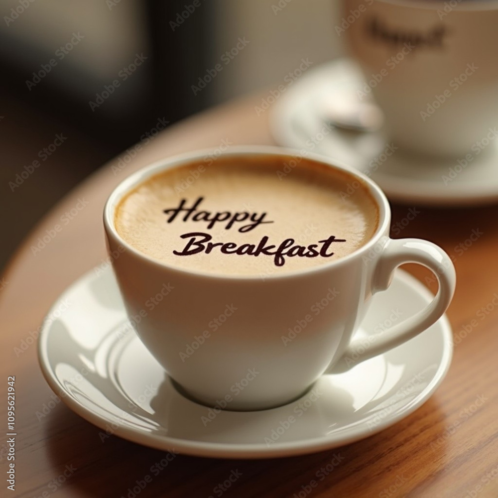 © Cade Foster - Close-up taza de café con leche con un texto barista feliz desayuno, escrito sobre el café © Cade Foster - Close-up taza de café con leche con un texto barista feliz desayuno, escrito sobre el café