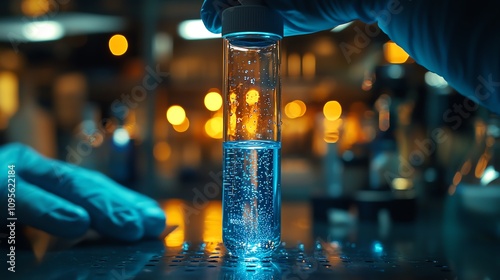 Gloved hand examining a test tube filled with liquid in a laboratory setting.