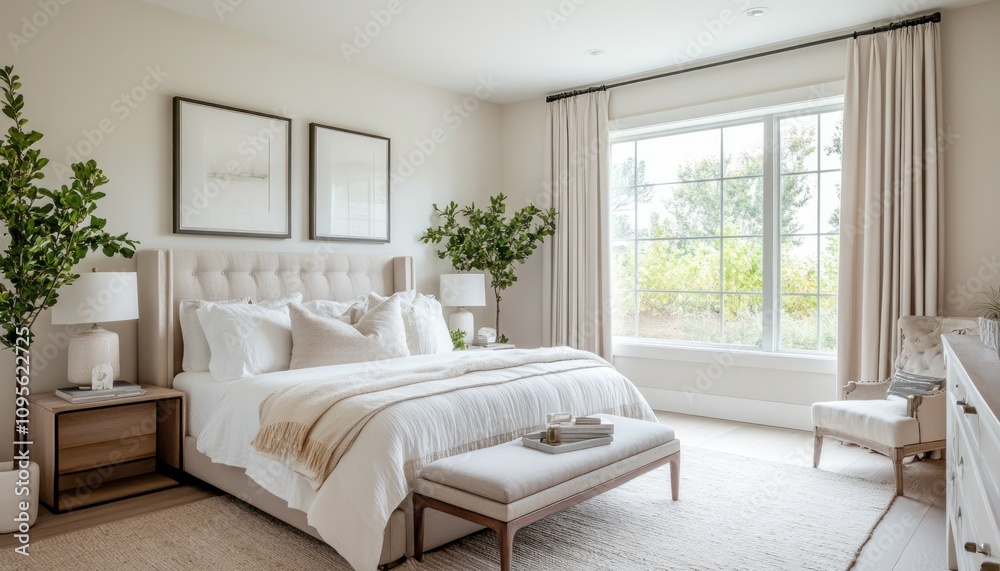 Fototapeta premium A serene bedroom with white walls, beige accents, and gray textiles 3. Generative AI
