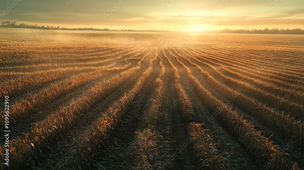A high-angle view of a cornfield filled with mature corn cobs, the field stretching out into the distance with the sun setting on the horizon, casting a golden glow. A high-angle view of a cornfield filled with mature corn cobs, the field stretching out into the distance with the sun setting on the horizon, casting a golden glow.