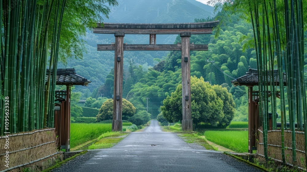 A serene pathway lined with bamboo leading to a traditional torii gate in a lush landscape. A serene pathway lined with bamboo leading to a traditional torii gate in a lush landscape.