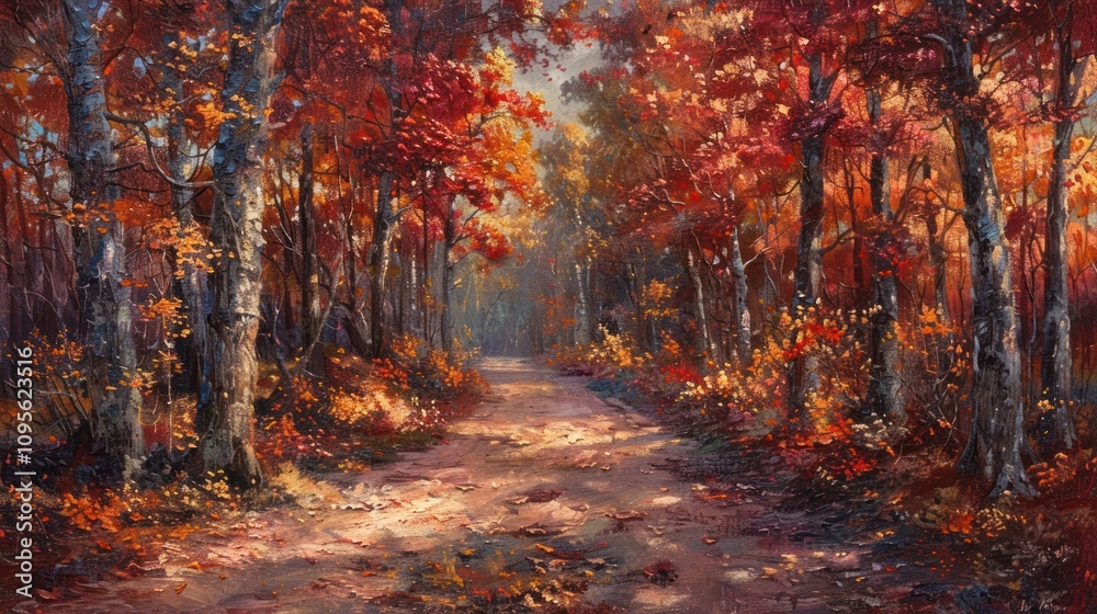 A serene forest path surrounded by vibrant autumn foliage. A serene forest path surrounded by vibrant autumn foliage.
