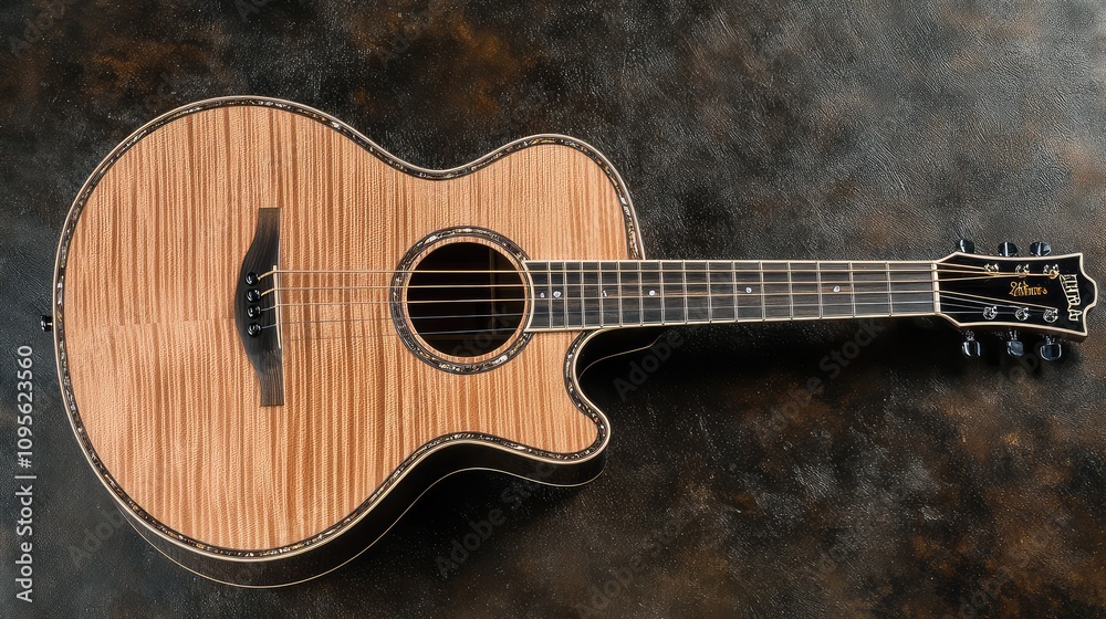 Obraz premium Acoustic guitar crafted with intricate wood grain design, showcasing natural beauty and elegant craftsmanship on a textured background perfect for music enthusiasts and designers.