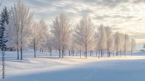 A line of bare winter trees standing in deep snow, their branches covered in frost under an overcast sky.