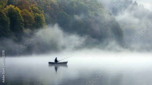 A lone fisherman in a small boat on a lake, fishing in the rain, with mist hanging over the water.