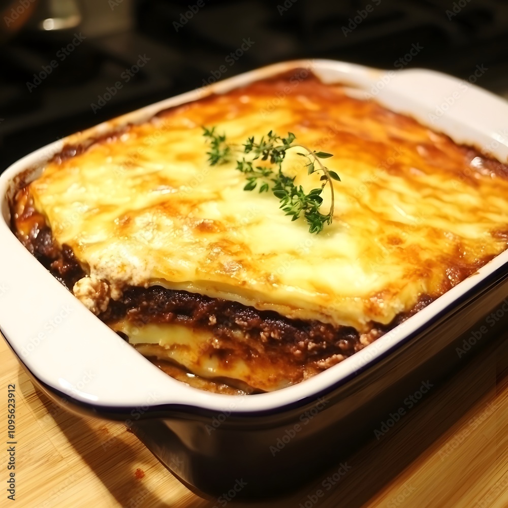 Cooking a delicious homemade moussaka recipe meal. Tasty Dish of Food with cheese