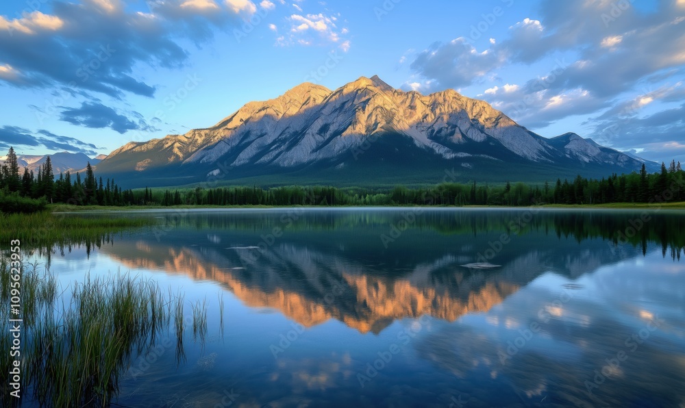 Mountain reflection in serene lake, stunning landscape with vibrant colors, clear sky, lush greenery, and majestic peaks Mountain reflection in serene lake, stunning landscape with vibrant colors, clear sky, lush greenery, and majestic peaks