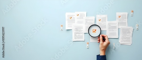 Hand holding magnifying glass over a document icon with checklist, Document review process and quality control concept. Document review and approval. Certificate management, Audit, Standardization