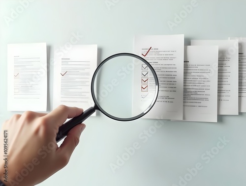 Hand holding magnifying glass over a document icon with checklist, Document review process and quality control concept. Document review and approval. Certificate management, Audit, Standardization