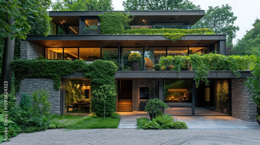 A modern house surrounded by greenery, showcasing a blend of architecture and nature. A modern house surrounded by greenery, showcasing a blend of architecture and nature.