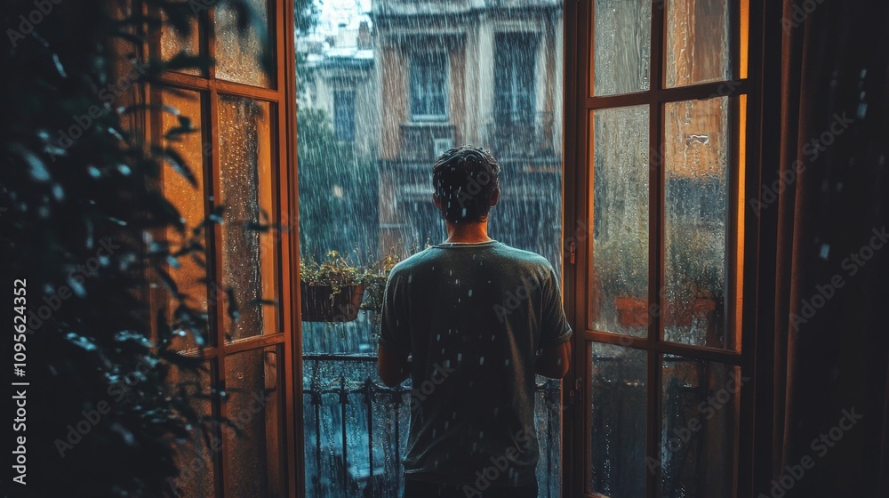 A man opening the door to his balcony to step out into the rain, his expression filled with wonder. A man opening the door to his balcony to step out into the rain, his expression filled with wonder.