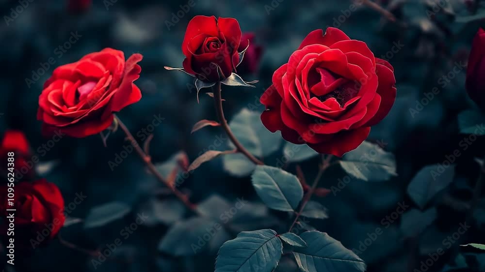 Crimson Romance: Three velvety red roses bloom in a lush, emerald garden, their petals unfurling in a captivating display of beauty and passion.  A touch of mystery lingers in the air.