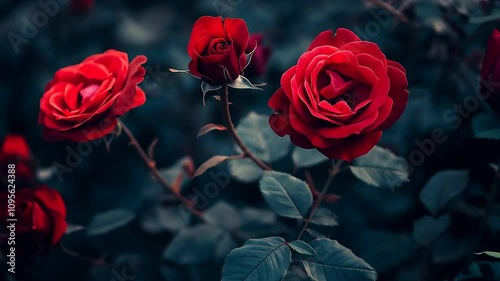 Crimson Romance: Three velvety red roses bloom in a lush, emerald garden, their petals unfurling in a captivating display of beauty and passion.  A touch of mystery lingers in the air.