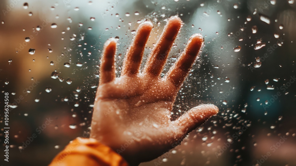 Hand Pressed Against Wet Window with Raindrops, Capturing the Interplay of Light and Water, Creating a Mood of Reflective Tranquility and Connection to Nature