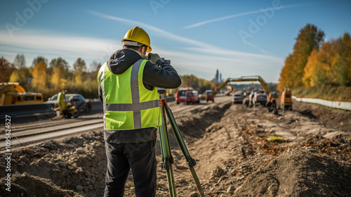 Civil engineer surveying the road works for accurate measurements during an autumn morning	 photo