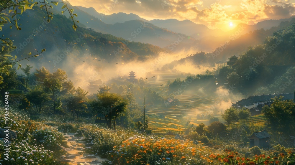 A serene landscape at sunset, showcasing mountains, mist, and vibrant flowers. A serene landscape at sunset, showcasing mountains, mist, and vibrant flowers.