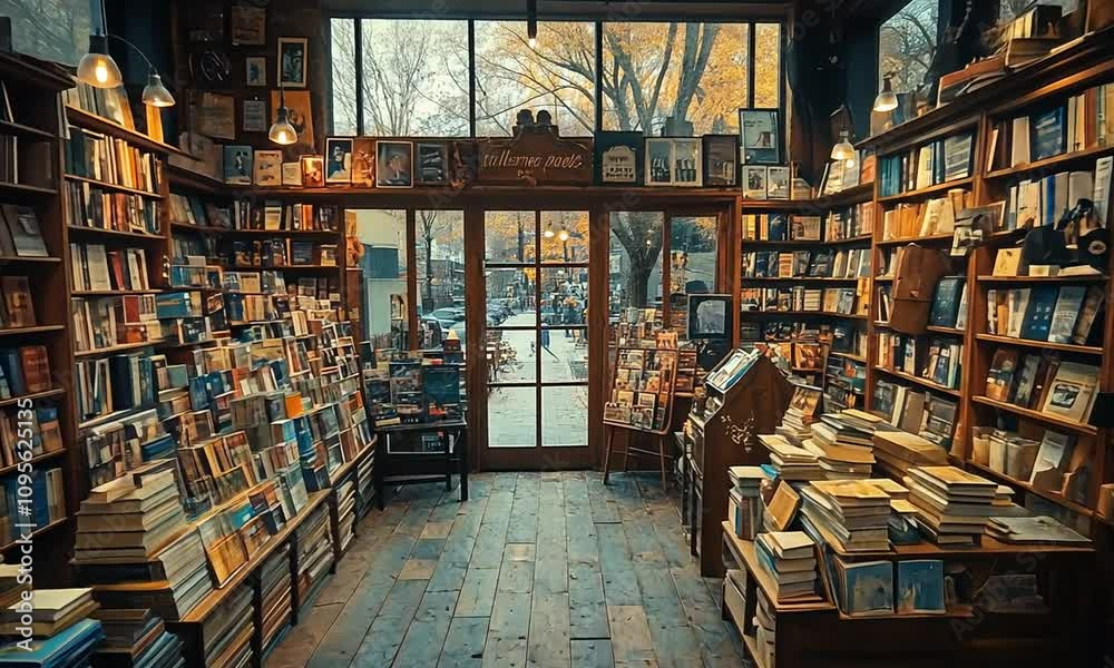 Cozy interior of a charming bookstore filled with books and warm lighting. Cozy interior of a charming bookstore filled with books and warm lighting.