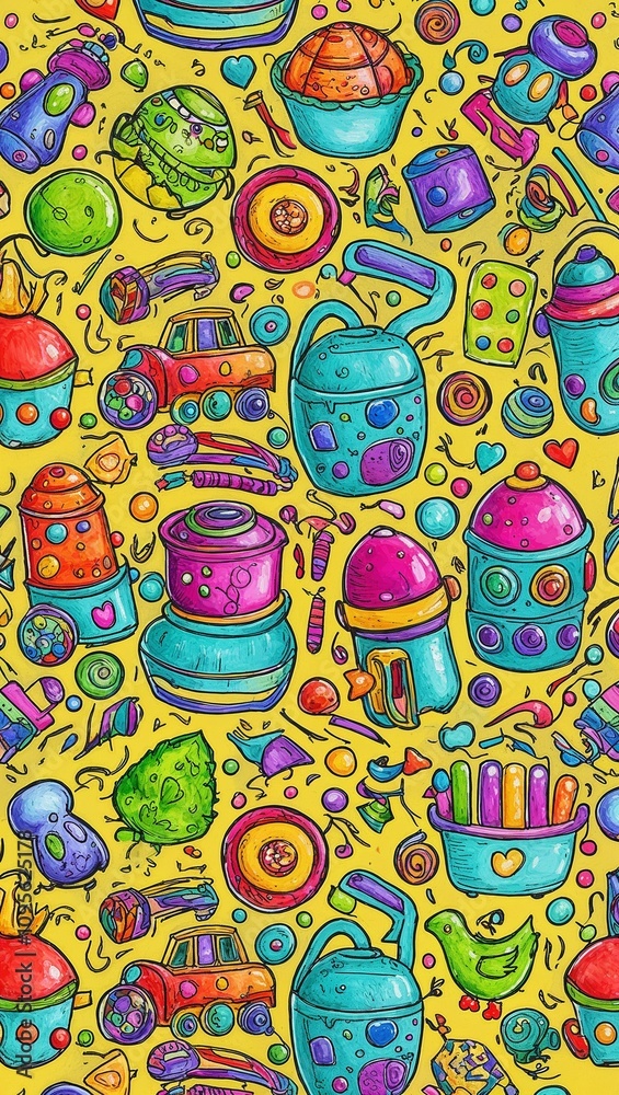 Fototapeta premium kids toys doodle pattern with bright hues hand drawing