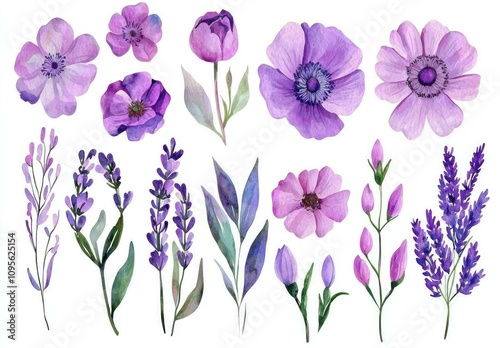 Beautiful bouquet of hand-painted purple flowers including lavender, anemones, and other blossoms on a white background. Ideal for floral design and decoration.