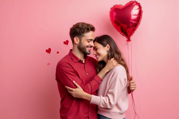 Happy young couple with beautiful heart-shaped balloon on pink background. Valentine's Day celebration