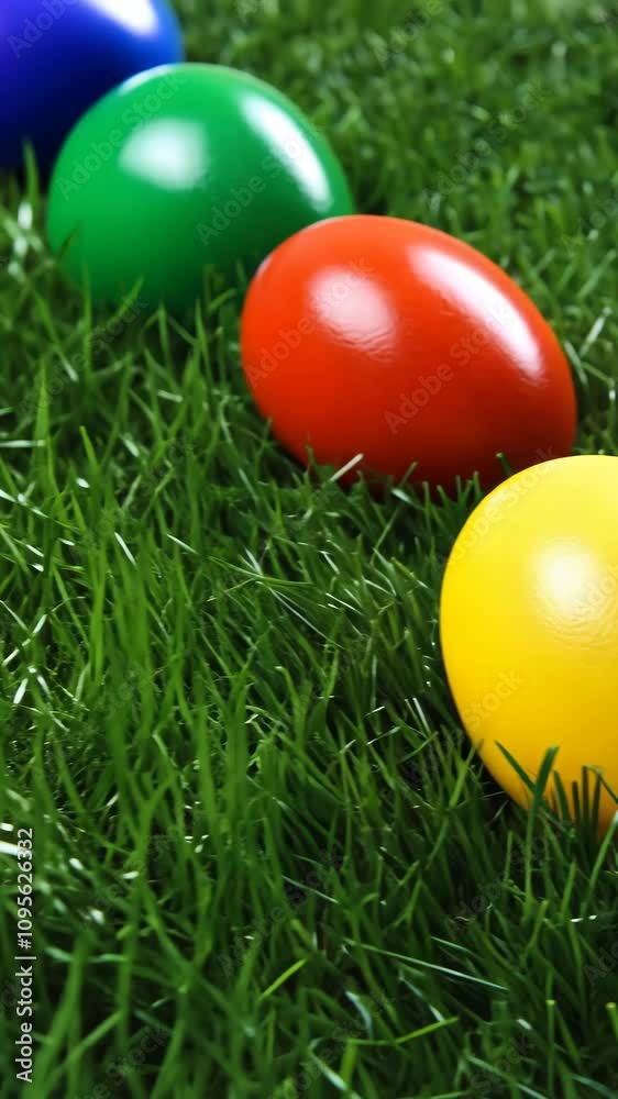 Brightly colored eggs rest on vibrant green grass during an outdoor spring celebration Brightly colored eggs rest on vibrant green grass during an outdoor spring celebration