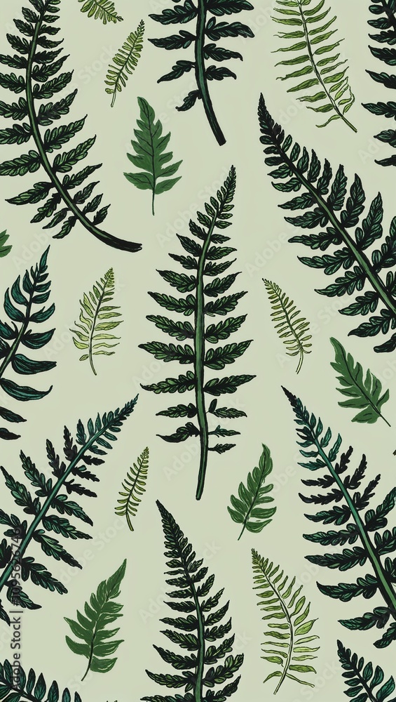 Stylized fern leaves and foliage pattern hand drawing