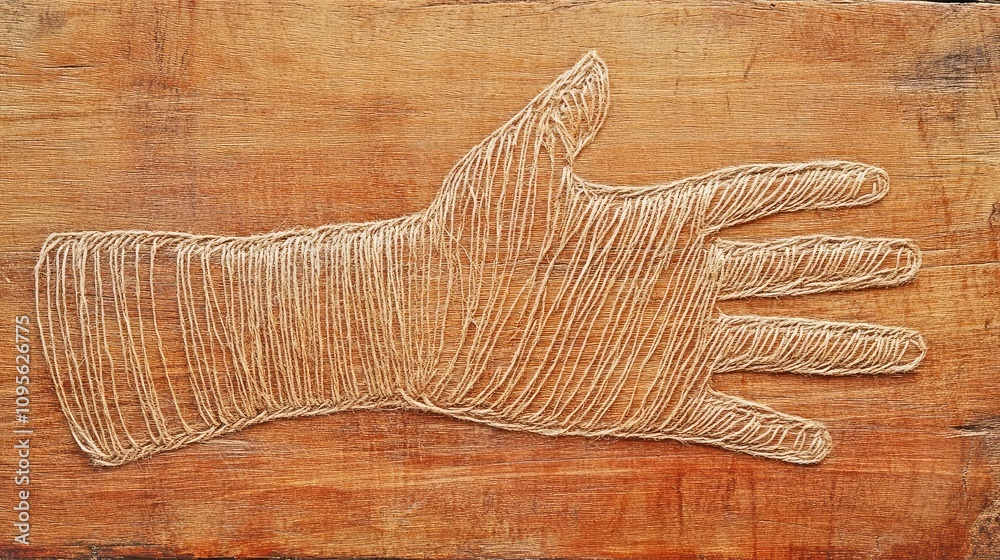 Fototapeta premium Intricate Textured Hand Artwork with Twine Detailing on Wooden Background Showcasing Creativity and Craftsmanship in Handicraft and Artistry
