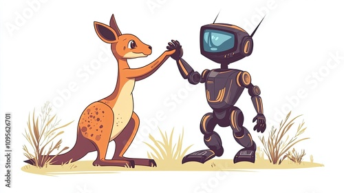 A kangaroo shaking hands with a robot shaped like a television photo