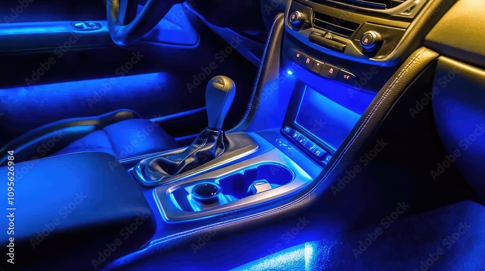 Naklejka premium Interior of a Modern Car with Blue Ambient Lighting Showcasing Stylish Design and Sleek Features for Automotive Enthusiasts and Designers