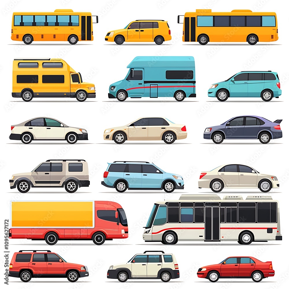 Modern Fleet of Cars Parked in a Spacious Lot with Sedans, SUVs, Sports Cars, Semi-Truck, and Bus, Showcasing Organized and Polished Vehicles Modern Fleet of Cars Parked in a Spacious Lot with Sedans, SUVs, Sports Cars, Semi-Truck, and Bus, Showcasing Organized and Polished Vehicles