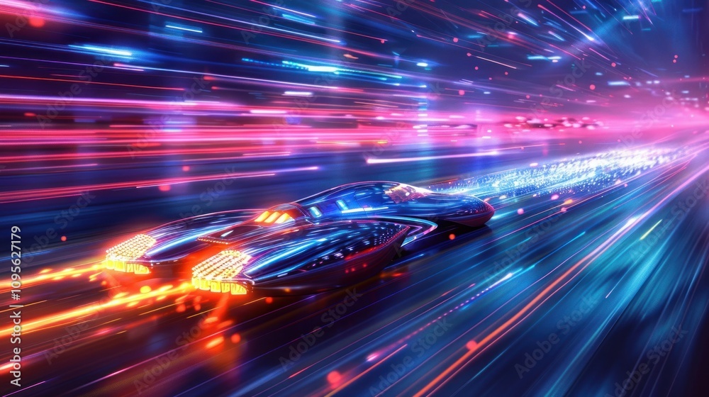 A futuristic vehicle speeds through a vibrant, neon-lit landscape, depicting motion and energy. A futuristic vehicle speeds through a vibrant, neon-lit landscape, depicting motion and energy.