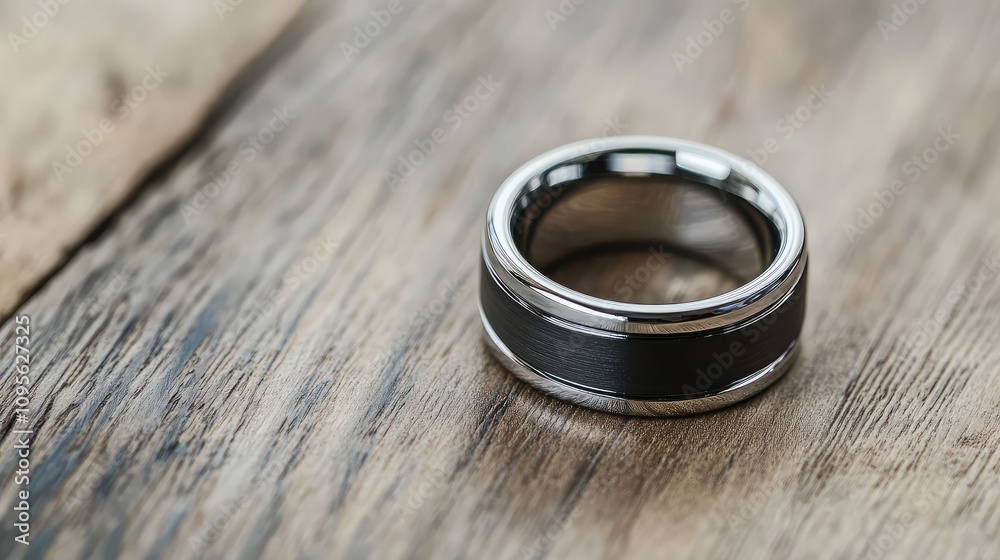 Elegant and Stylish Men's Ring with Polished Silver and Black Center Design on Natural Wood Surface, Perfect for Modern Fashion Statements and Accessories Elegant and Stylish Men's Ring with Polished Silver and Black Center Design on Natural Wood Surface, Perfect for Modern Fashion Statements and Accessories