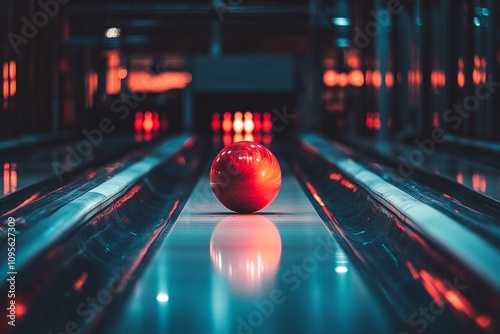 Vibrant red bowling ball on glossy lane with glowing pins photo