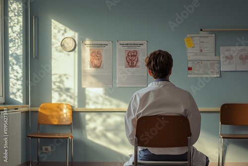 A patient sitting on the exam table, looking at a medical poster on the wall while waiting for the doctor to enter. photo