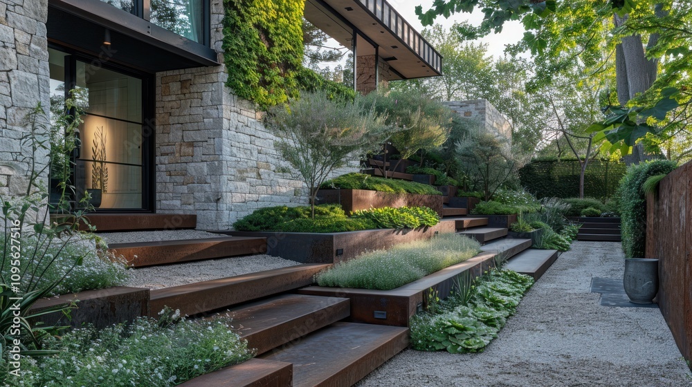 Modern landscaped garden with steps, greenery, and stone elements. Modern landscaped garden with steps, greenery, and stone elements.