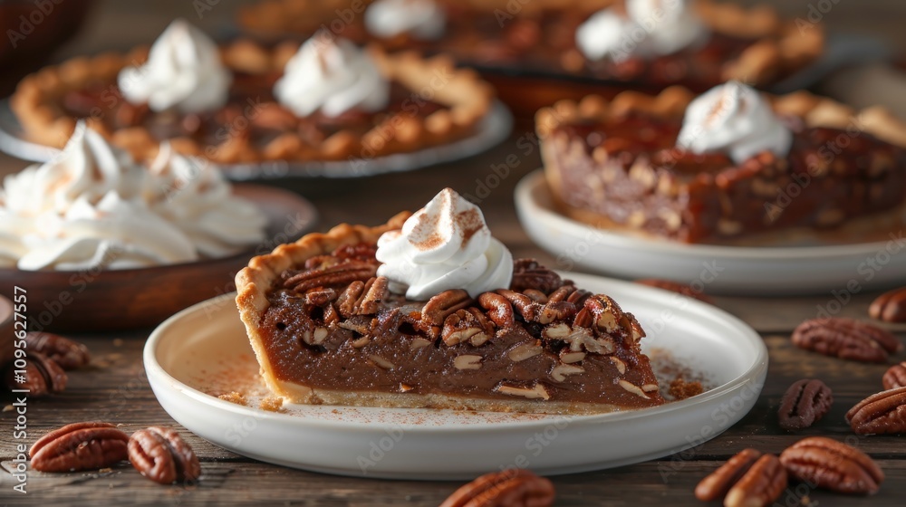 A slice of pecan pie topped with whipped cream, surrounded by whole pecans and additional pie.