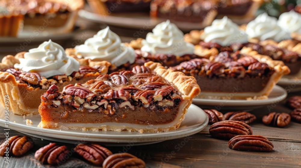 Delicious pecan pies with whipped cream, perfect for dessert or special occasions. Delicious pecan pies with whipped cream, perfect for dessert or special occasions.
