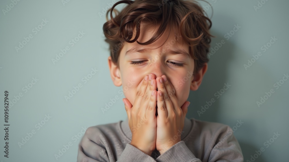 A young boy expresses deep emotions while covering his face against a muted background A young boy expresses deep emotions while covering his face against a muted background
