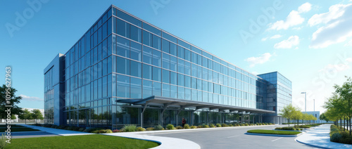 Modern Hospital Building With Glass Exterior And Clear Blue Sky Landscaping