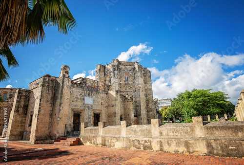 Scenic view of the exterior of the Cathedral de Santa Maria la Menor in Santo Domingo, first and oldest catholic basilica in the Americas, Ciudad Colonial historic district, Dominican Republic