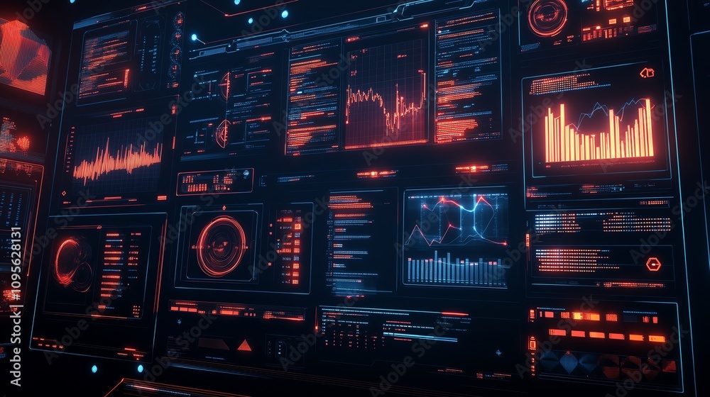 Abstract Holographic Displays Showing Inventory and Workflow Data, Featuring Low Poly Wireframe, Glowing Particles, and Dynamic Lines on a Dark Blue Background.