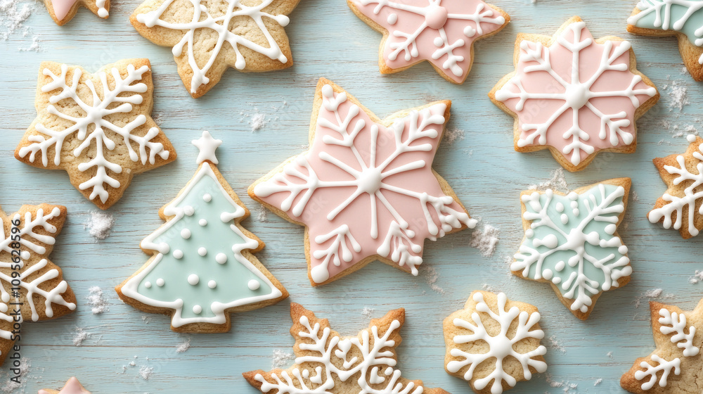 Pastel Christmas cookies shaped like stars, snowflakes, and Christmas trees, decorated with soft-colored icing. Pastel Christmas cookies shaped like stars, snowflakes, and Christmas trees, decorated with soft-colored icing.