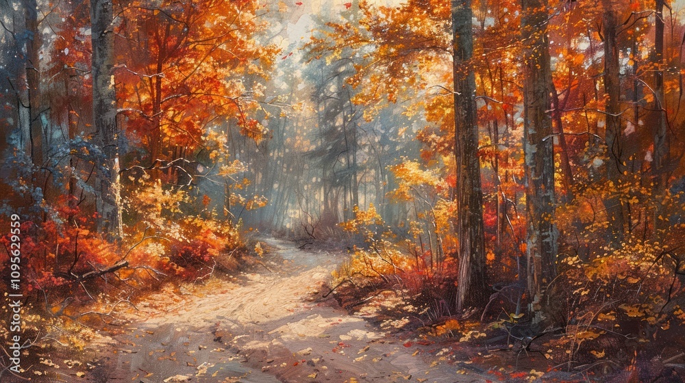 A serene autumn forest path illuminated by warm sunlight and vibrant foliage. A serene autumn forest path illuminated by warm sunlight and vibrant foliage.