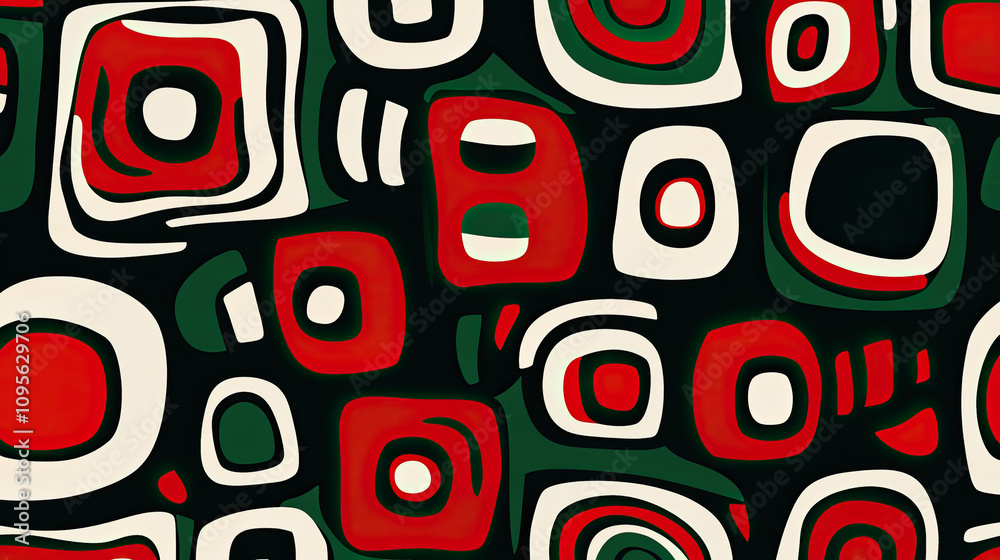 Seamless pattern of bold abstract shapes in vivid green and deep red hues, creating a dynamic, eye-catching design ideal for textiles or digital backgrounds Seamless pattern of bold abstract shapes in vivid green and deep red hues, creating a dynamic, eye-catching design ideal for textiles or digital backgrounds