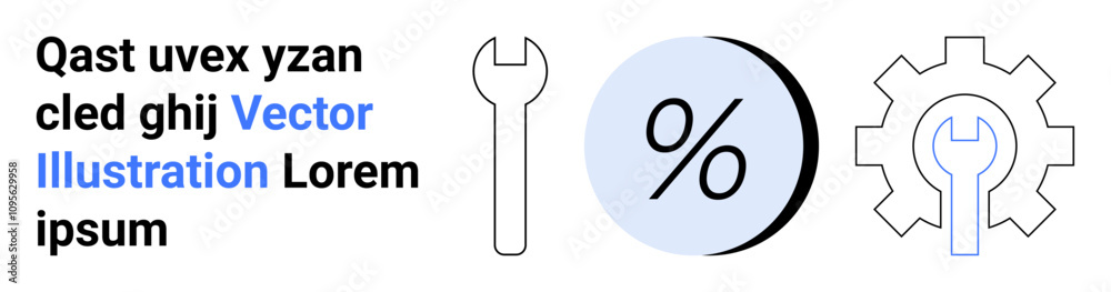 Wrench, percent symbol, and gear in minimalist vector design. Ideal for business presentations, technical documents, engineering websites, educational materials, repair services, financial reports Wrench, percent symbol, and gear in minimalist vector design. Ideal for business presentations, technical documents, engineering websites, educational materials, repair services, financial reports