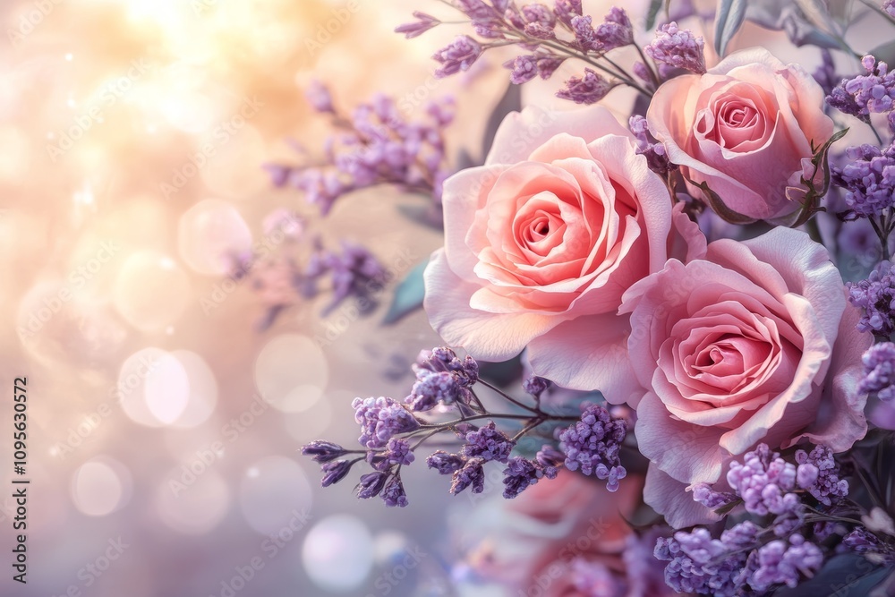 Elegant pink roses and lavender in soft bokeh light Elegant pink roses and lavender in soft bokeh light
