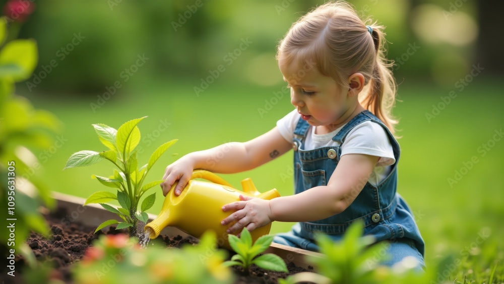 A young girl nurturing her garden by watering vibrant plants in the golden light of afternoon A young girl nurturing her garden by watering vibrant plants in the golden light of afternoon